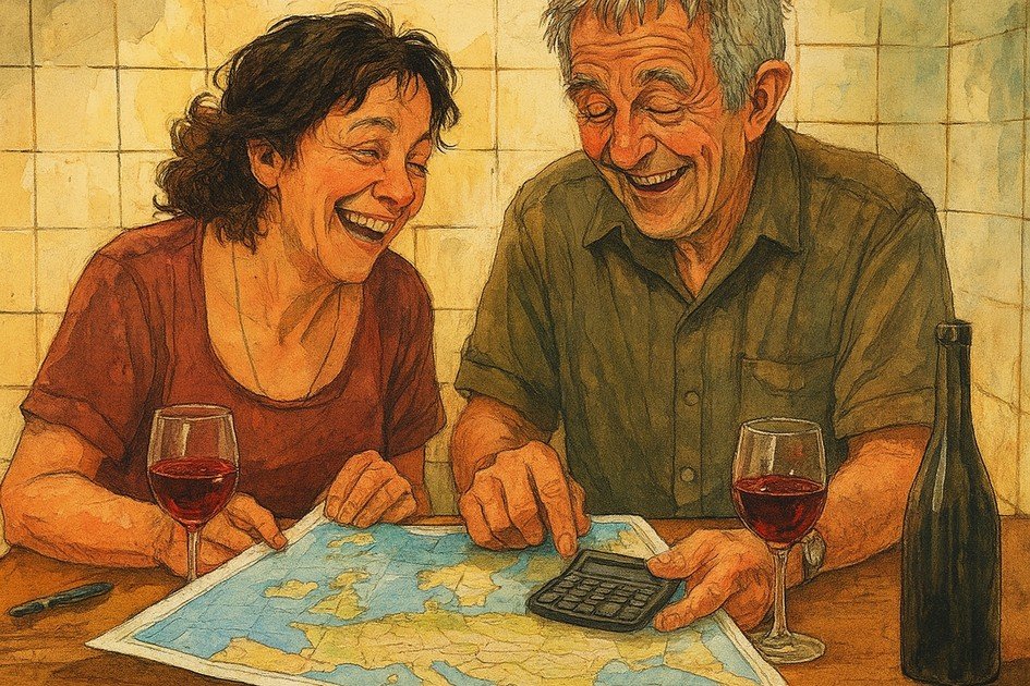 Budgeting for a Trip to Europe Happy couple bugeting for a trip to europe with wine and map while budgeting for travel costs