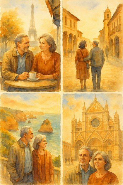 Mature travelers exploring Europe - couple enjoying travel in Europe through France, Spain, Portugal and Italy