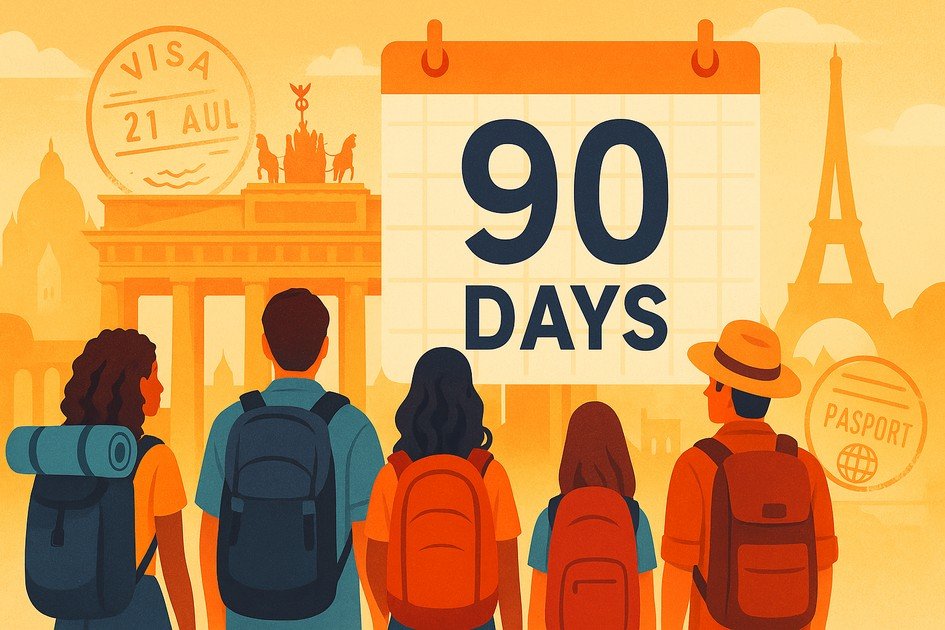 Europe Tour Visa Secrets Europe tour visa planning guide showing travelers at European landmarks with 90-day Schengen visa calculator