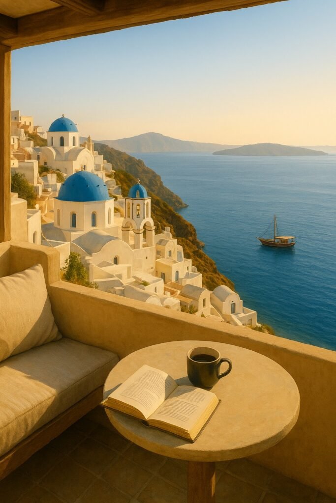 Greece Unveiled A panoramic golden hour view of a serene Greek island village, with whitewashed houses and blue domes overlooking the tranquil Aegean Sea, perfect for those who love to travels Greece slowly and soak in the culture.