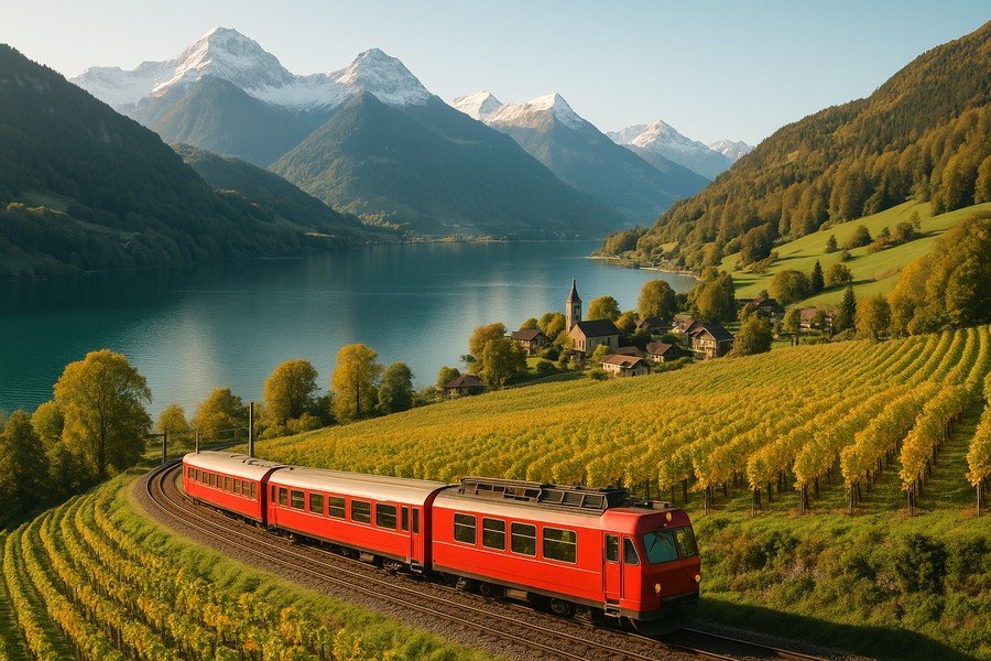 Ultimate Slow Travel Guide Red European train traveling through the Swiss Alps to Europe Travel Destinations